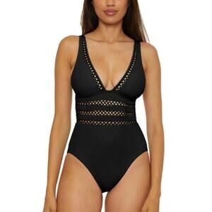 Becca Women's Modern Edge Rib Toni Plunge One Piece Swimsuit Black Size S